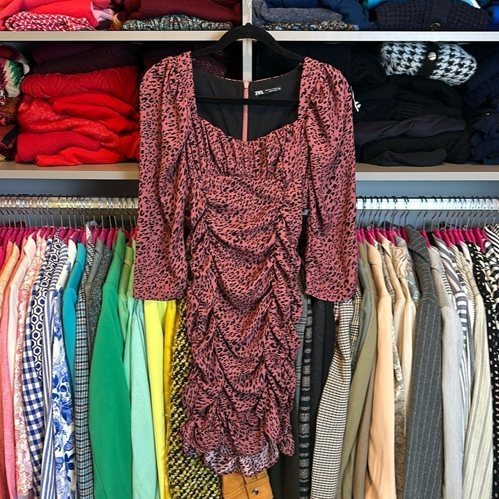 Zara pink and black leopard print long sleeve ruched scoop neck dress size S